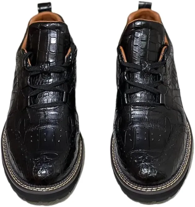 Authentic Crocodile Skin Men Casual Black Brogue Oxfords Mid Top Ankle Shoes Genuine Alligator Leather Male Lace-up Derby Shoes