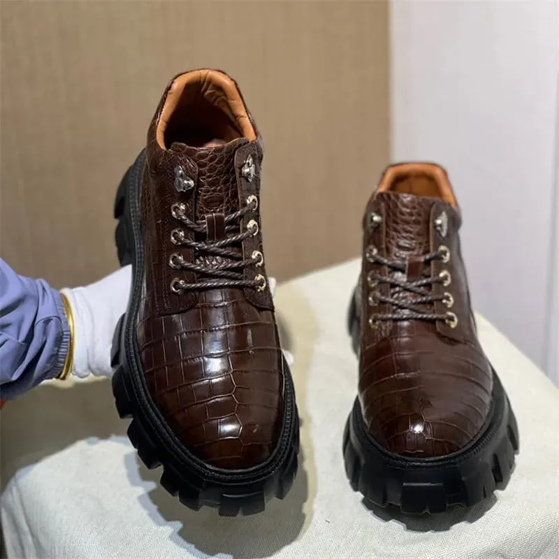 Authentic Exotic Crocodile Skin Men's Casual Height-Increasing Derby Shoes Genuine Alligator Leather Male Mid-top Dress Shoes