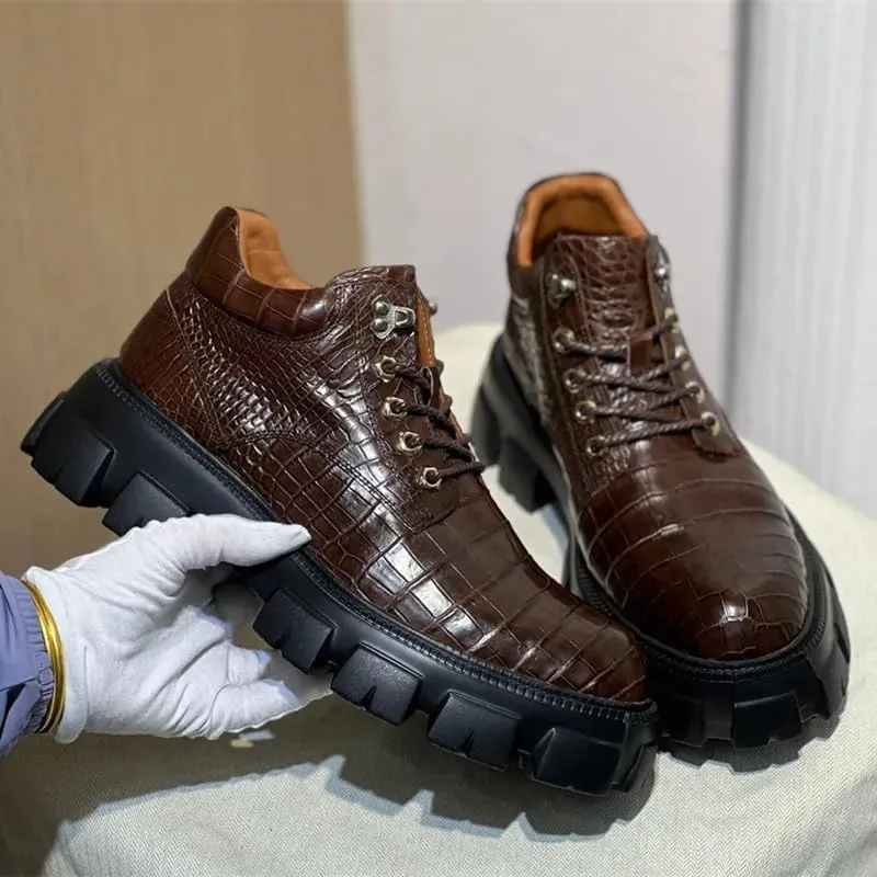 Authentic Exotic Crocodile Skin Men's Casual Height-Increasing Derby Shoes Genuine Alligator Leather Male Mid-top Dress Shoes