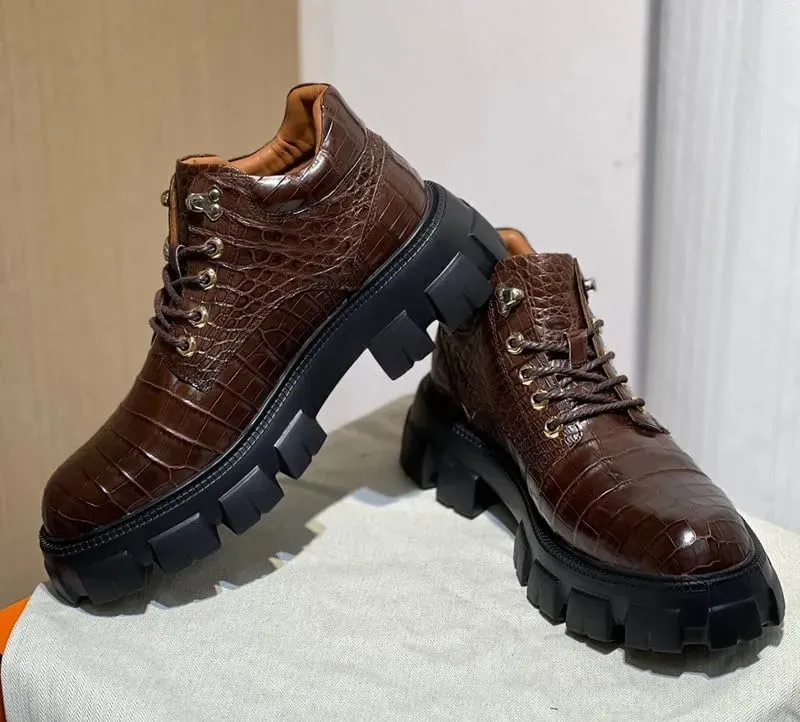 Authentic Exotic Crocodile Skin Men's Casual Height-Increasing Derby Shoes Genuine Alligator Leather Male Mid-top Dress Shoes