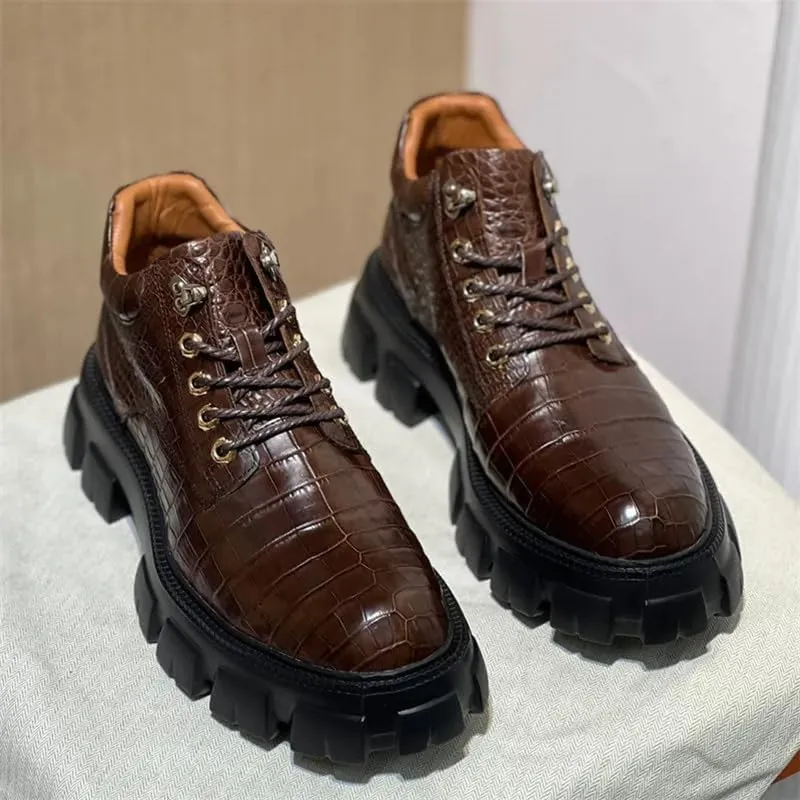 Authentic Exotic Crocodile Skin Men's Casual Height-Increasing Derby Shoes Genuine Alligator Leather Male Mid-top Dress Shoes