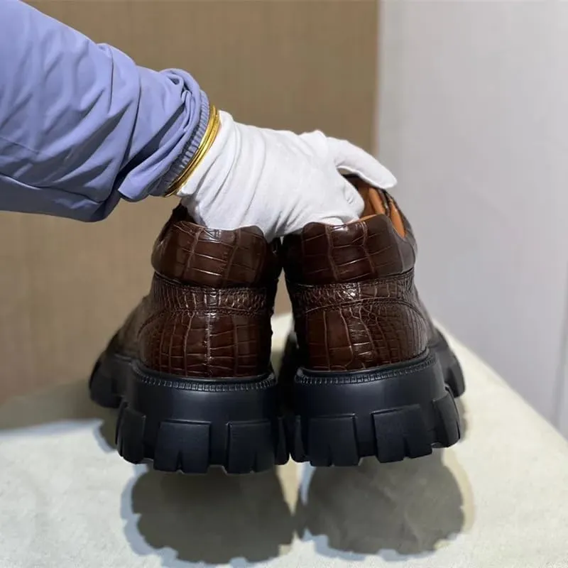 Authentic Exotic Crocodile Skin Men's Casual Height-Increasing Derby Shoes Genuine Alligator Leather Male Mid-top Dress Shoes