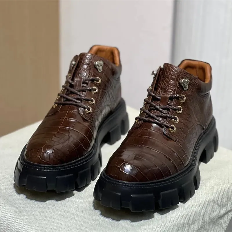 Authentic Exotic Crocodile Skin Men's Casual Height-Increasing Derby Shoes Genuine Alligator Leather Male Mid-top Dress Shoes