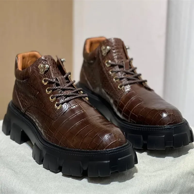 Authentic Exotic Crocodile Skin Men's Casual Height-Increasing Derby Shoes Genuine Alligator Leather Male Mid-top Dress Shoes