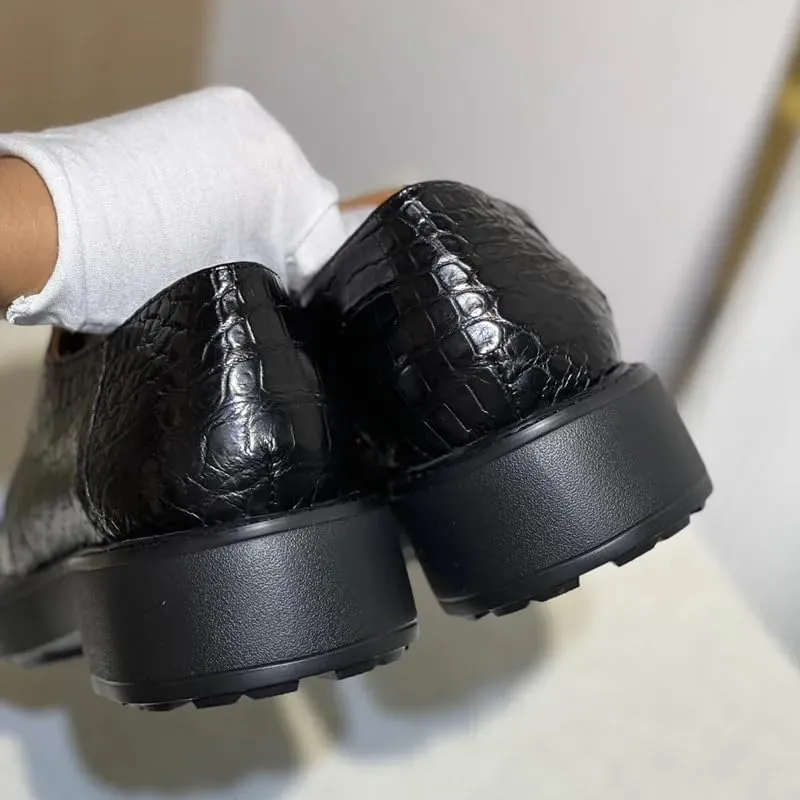 Authentic Real Crocodile Skin Fashion Big Round Toe Men's Dress Shoes Genuine Alligator Leather Male Slip-on Low Cut Derby Shoes