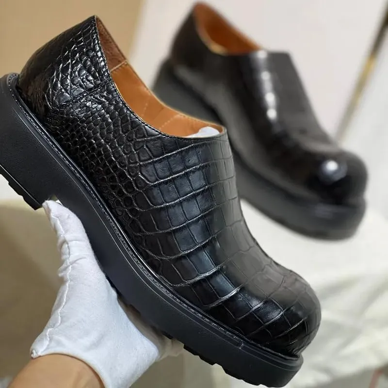 Authentic Real Crocodile Skin Fashion Big Round Toe Men's Dress Shoes Genuine Alligator Leather Male Slip-on Low Cut Derby Shoes