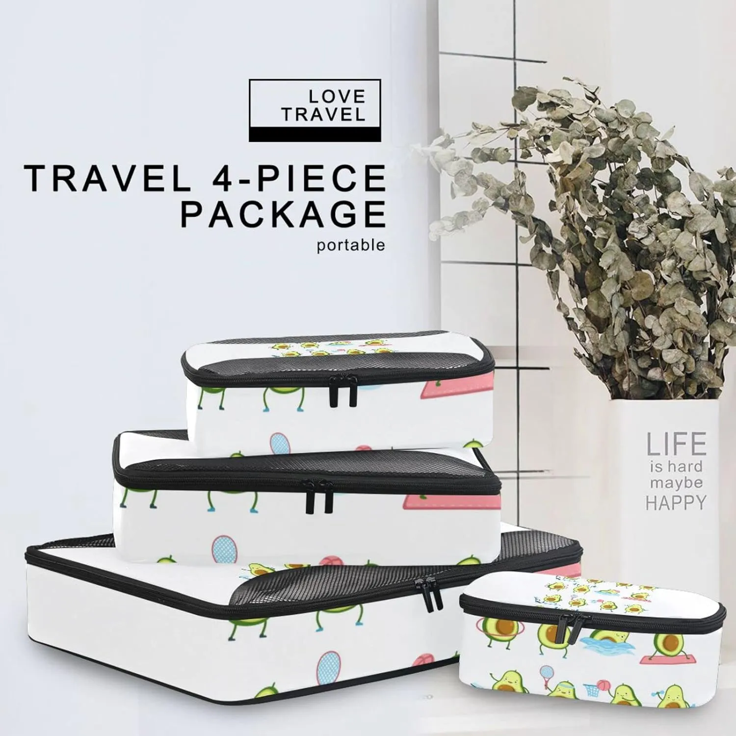 Avocado Fitness Fruits Athlete Workout Swimming Yoga Training 4 PCs Set Packing Bags, Luggage Organizer Bag, Portable Cube Toiletry bag, Durable Travel Cosmetic Storage Bag for Men Women