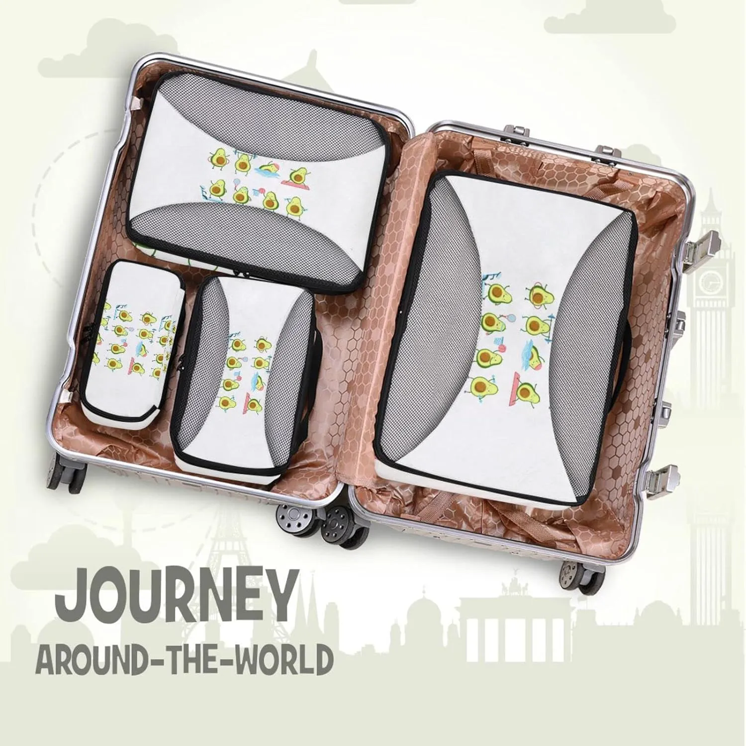 Avocado Fitness Fruits Athlete Workout Swimming Yoga Training 4 PCs Set Packing Bags, Luggage Organizer Bag, Portable Cube Toiletry bag, Durable Travel Cosmetic Storage Bag for Men Women