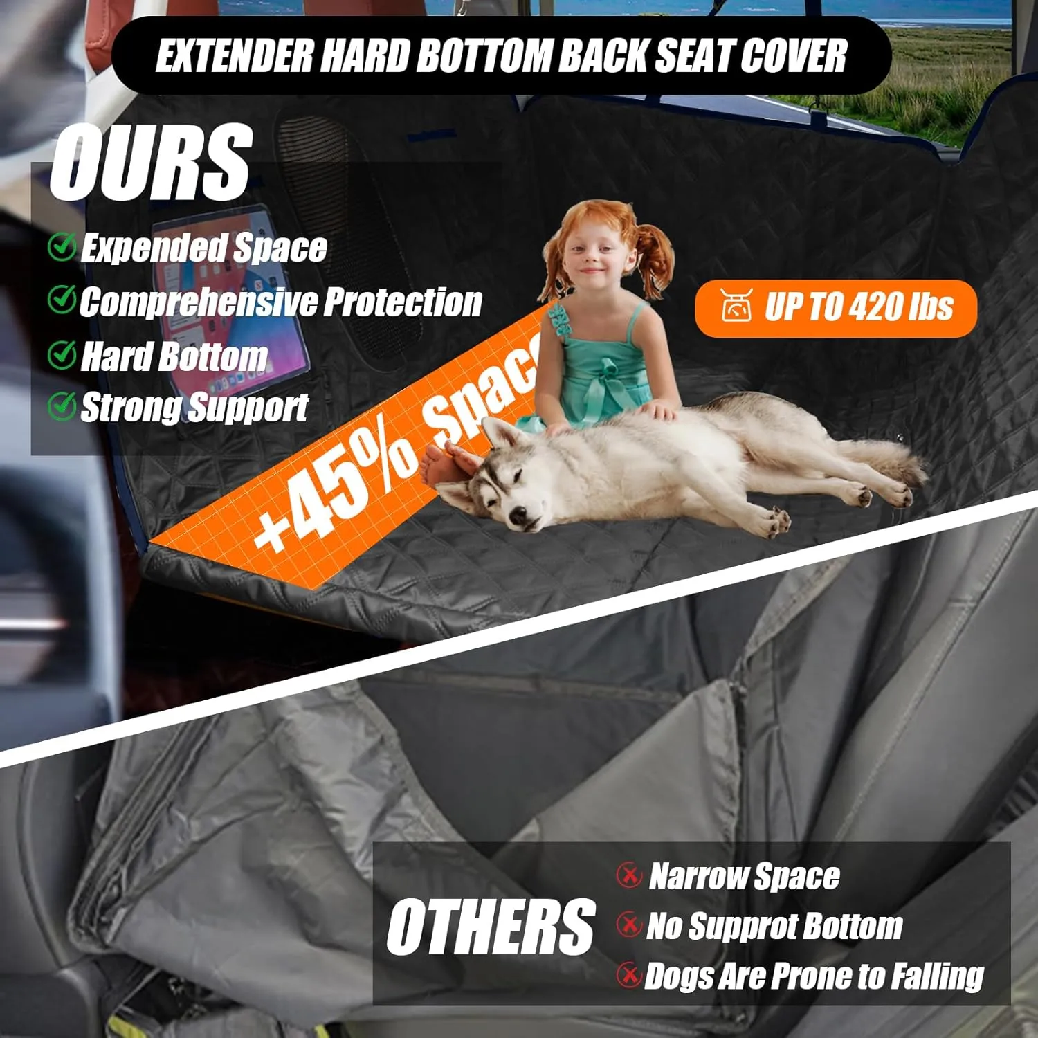 Back Seat Extender for Dogs Holds 420 lbs, Hard Bottom Car Seat Cover, Waterproof Hammock with Mesh Window, Heavy Duty Travel Bed for Large Pets, Rear Seat Protector for Car SUV Truck