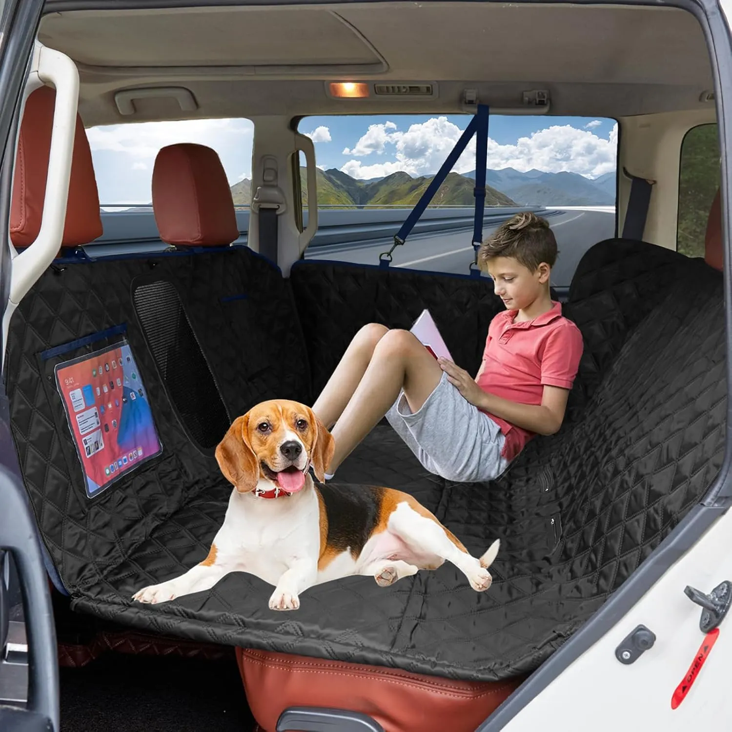 Back Seat Extender for Dogs Holds 420 lbs, Hard Bottom Car Seat Cover, Waterproof Hammock with Mesh Window, Heavy Duty Travel Bed for Large Pets, Rear Seat Protector for Car SUV Truck