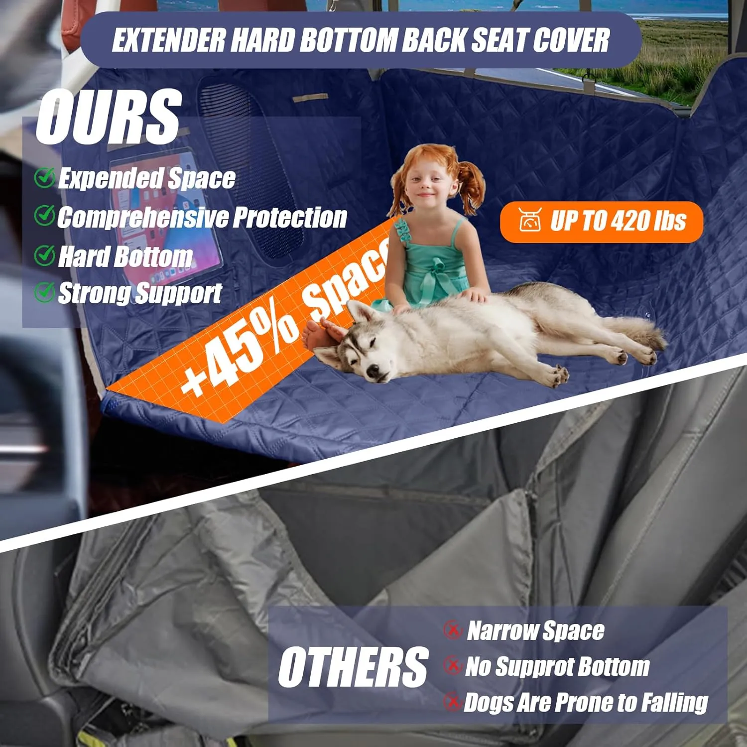 Back Seat Extender for Dogs Holds 420 lbs, Hard Bottom Car Seat Cover, Waterproof Hammock with Mesh Window, Heavy Duty Travel Bed for Large Pets, Rear Seat Protector for Car SUV Truck