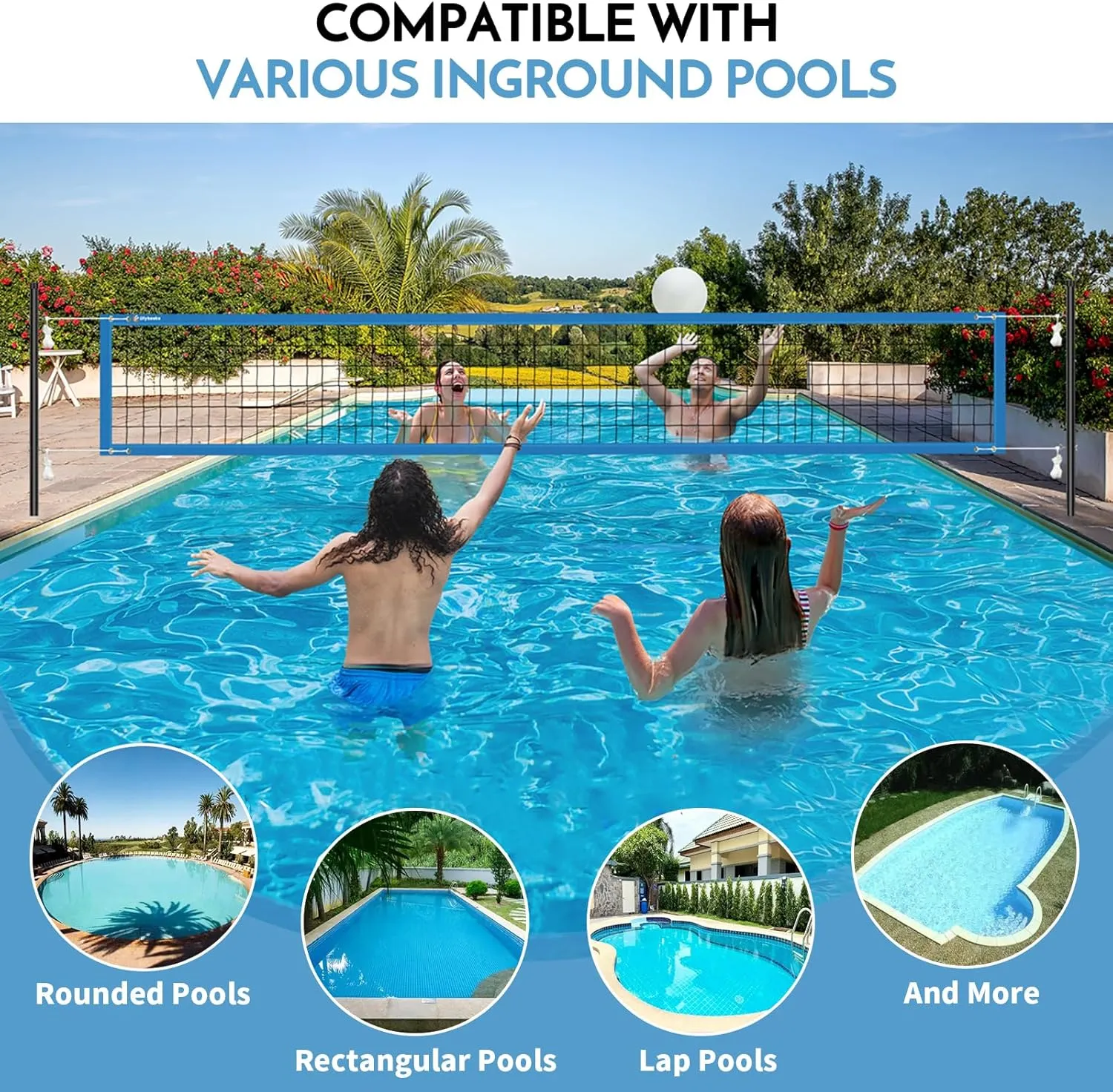 Base Free Swimming Pool Volleyball Net Set for Above Ground/Inground Pools with 3-Height Adjustable Aluminium Poles, Durable Anti-Sagging Net, 2 Water Volleyballs and Carry Bag