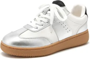 BEAU TODAY Fashion Sneakers Women,Leather Casual Lace Up Retro OG Sneakers,Comfortable Tennis Runnig Trainer Shoes Silver US 5