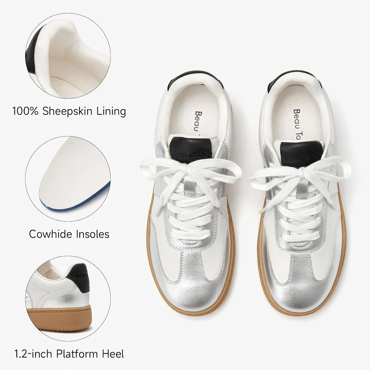 BEAU TODAY Fashion Sneakers Women,Leather Casual Lace Up Retro OG Sneakers,Comfortable Tennis Runnig Trainer Shoes Silver US 5