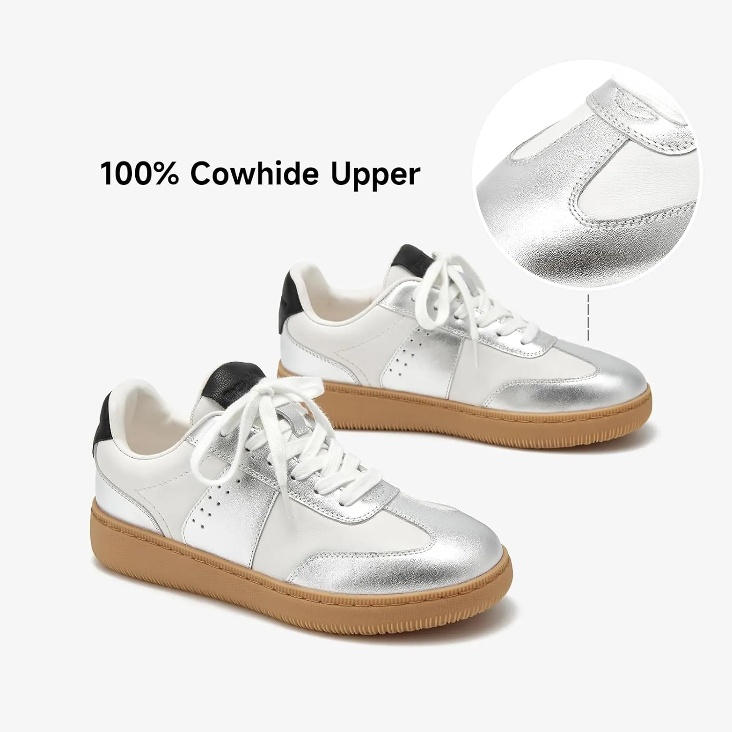 BEAU TODAY Fashion Sneakers Women,Leather Casual Lace Up Retro OG Sneakers,Comfortable Tennis Runnig Trainer Shoes Silver US 5