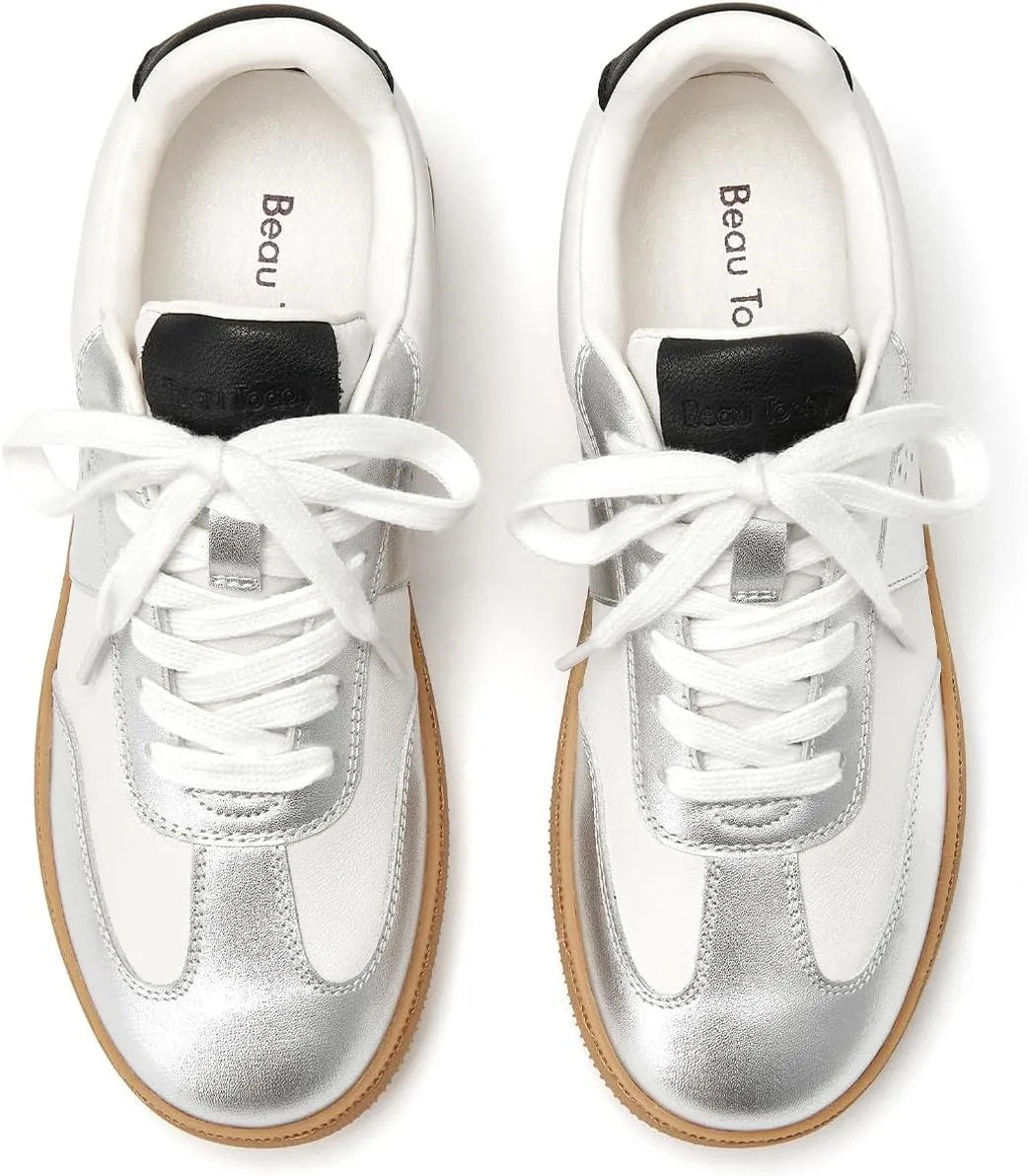 BEAU TODAY Fashion Sneakers Women,Leather Casual Lace Up Retro OG Sneakers,Comfortable Tennis Runnig Trainer Shoes Silver US 5