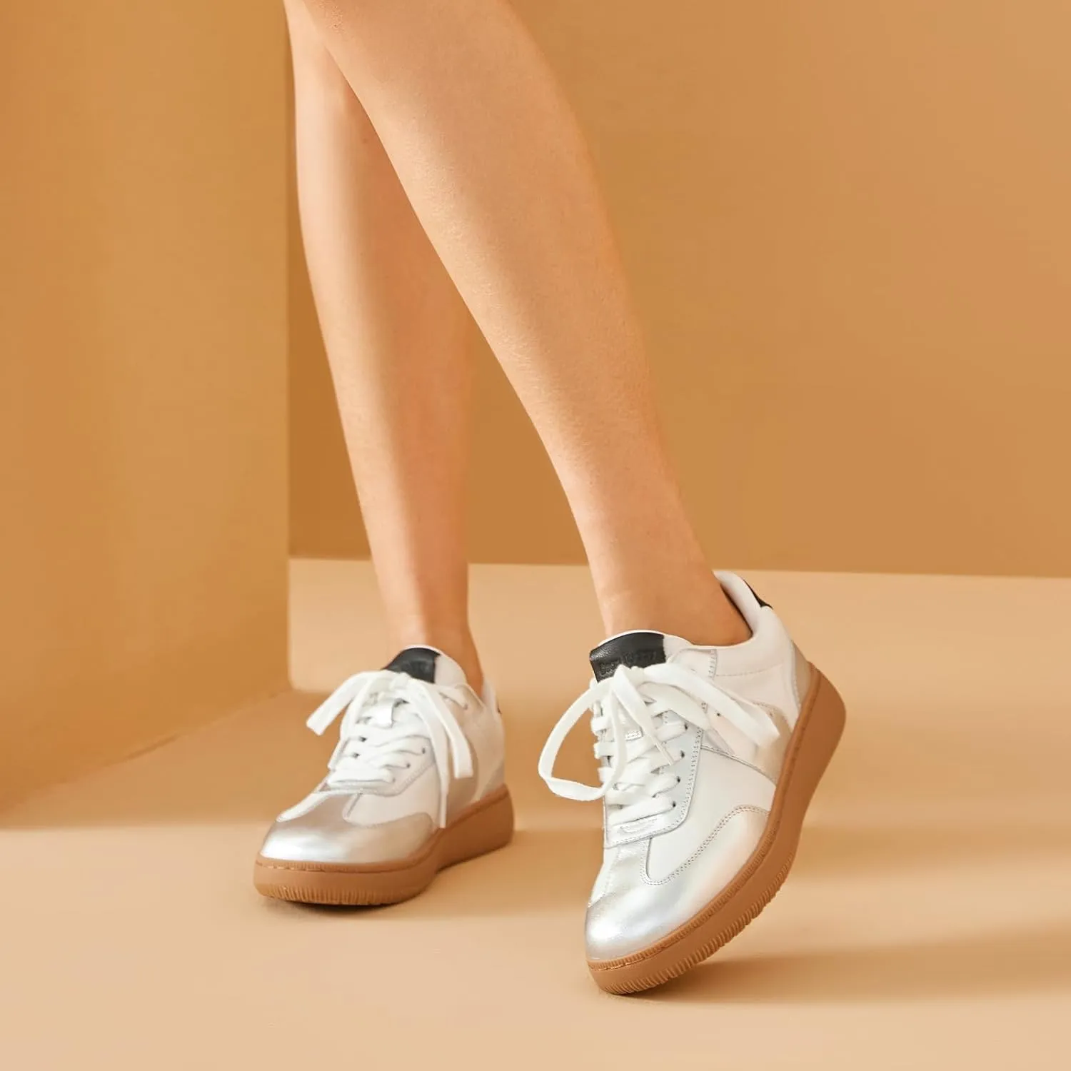 BEAU TODAY Fashion Sneakers Women,Leather Casual Lace Up Retro OG Sneakers,Comfortable Tennis Runnig Trainer Shoes Silver US 5