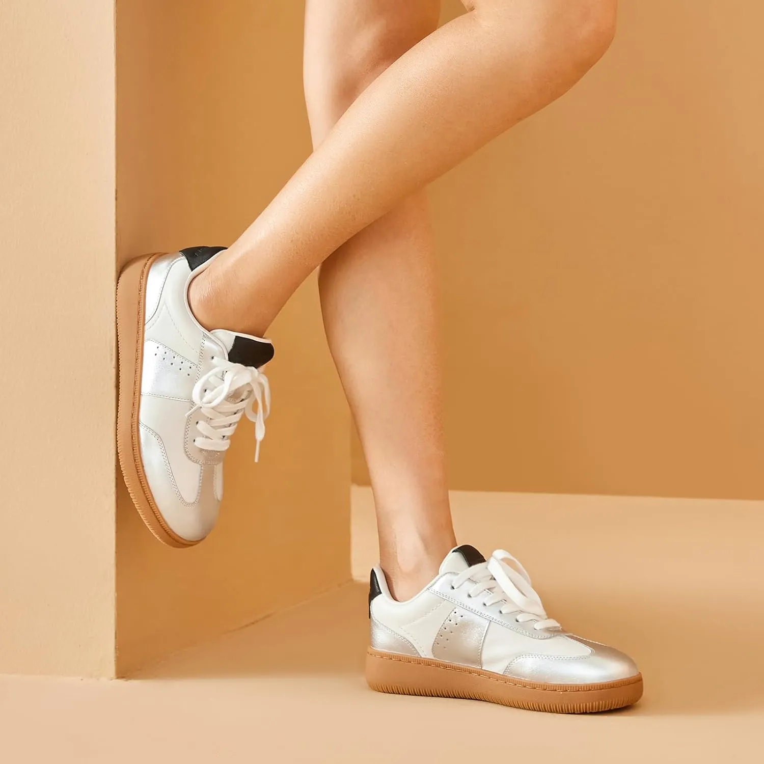 BEAU TODAY Fashion Sneakers Women,Leather Casual Lace Up Retro OG Sneakers,Comfortable Tennis Runnig Trainer Shoes Silver US 5
