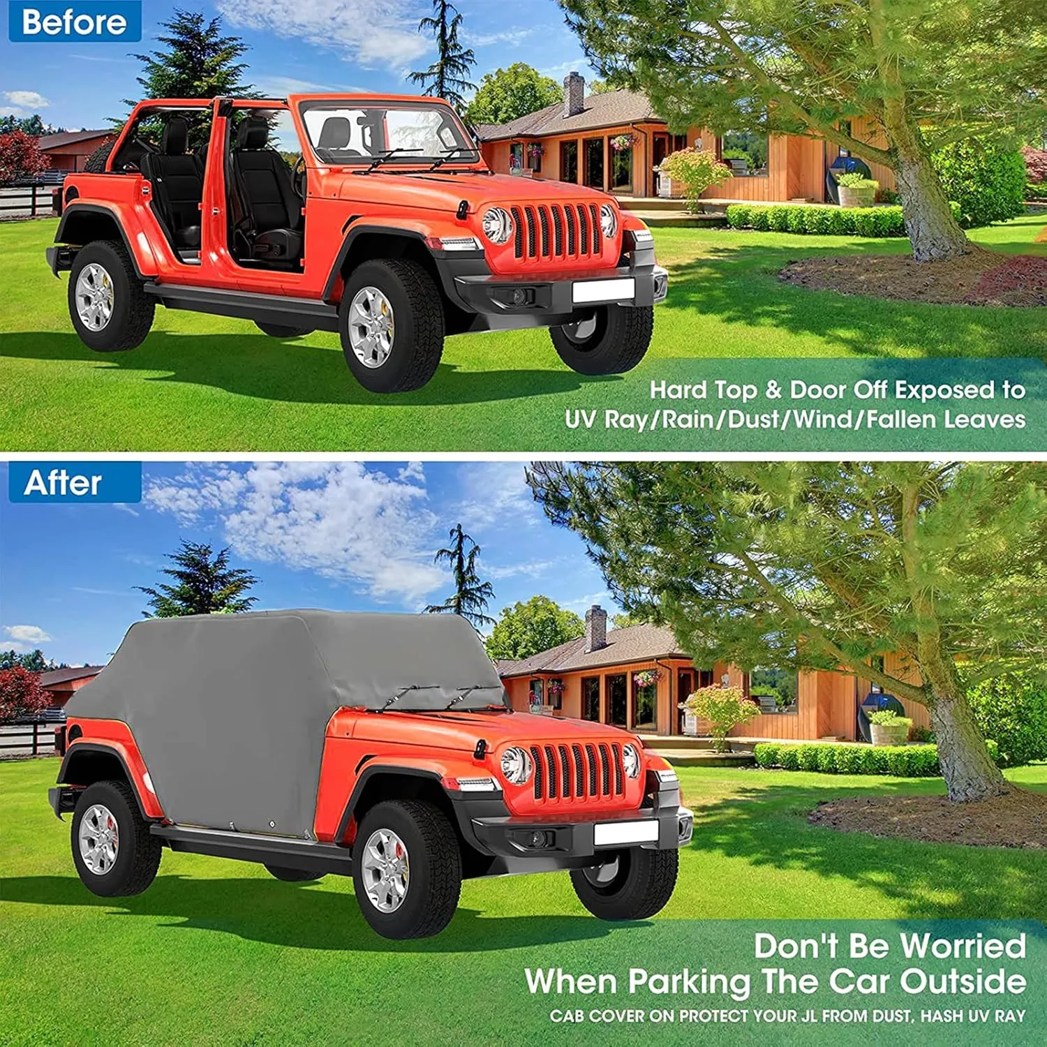 Big Ant Wrangler Cab Cover for 1987-2023 Je-ep Wrangler JK JKU JL JLU 2 Door, Half Car Cover Waterproof Oxford with Reflective Strip,Sun Snowproof Cab Car Cover Black