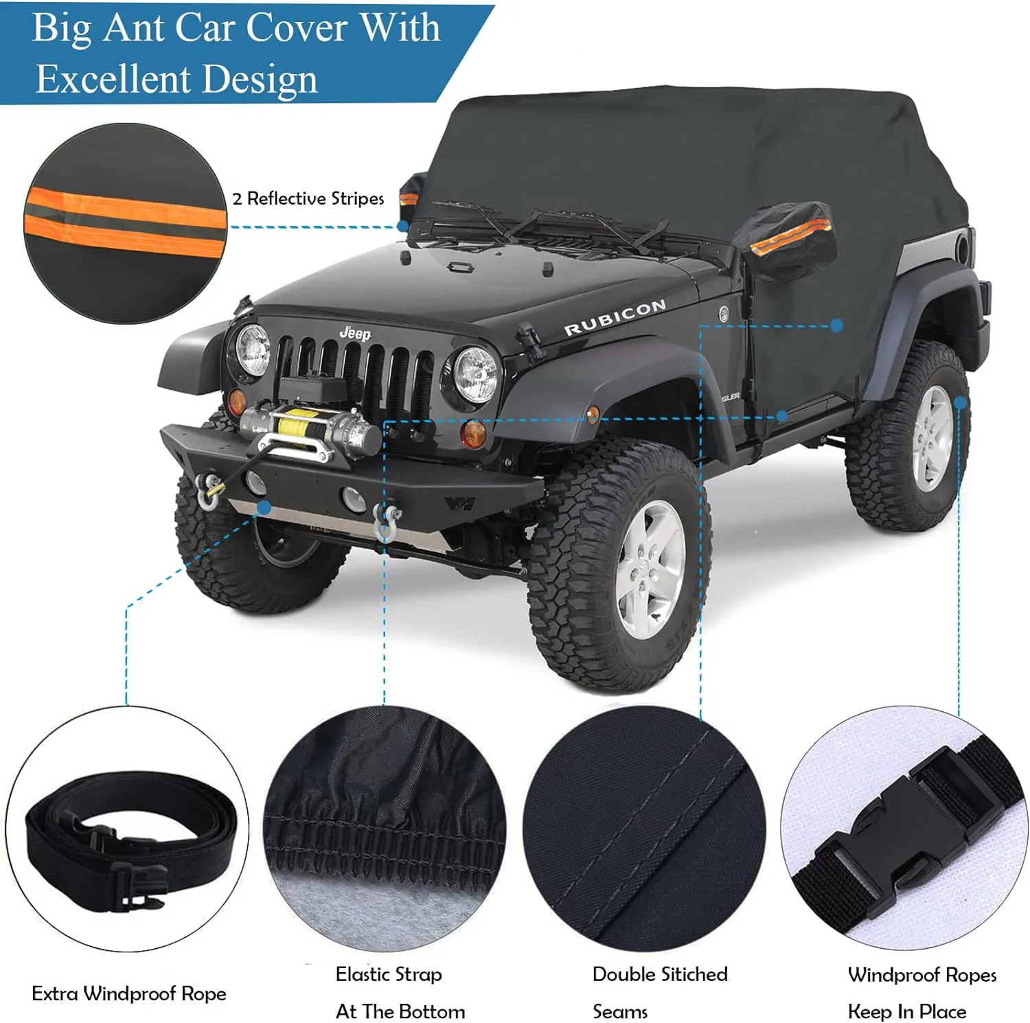 Big Ant Wrangler Cab Cover for 1987-2023 Je-ep Wrangler JK JKU JL JLU 2 Door, Half Car Cover Waterproof Oxford with Reflective Strip,Sun Snowproof Cab Car Cover Black