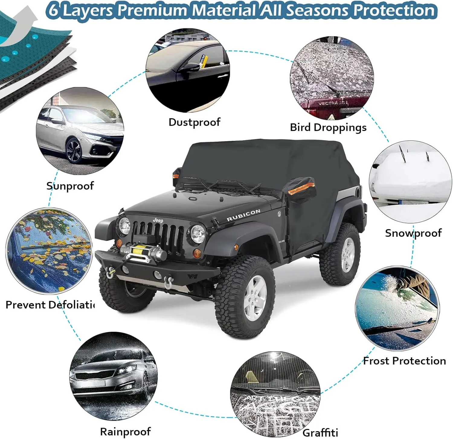 Big Ant Wrangler Cab Cover for 1987-2023 Je-ep Wrangler JK JKU JL JLU 2 Door, Half Car Cover Waterproof Oxford with Reflective Strip,Sun Snowproof Cab Car Cover Black