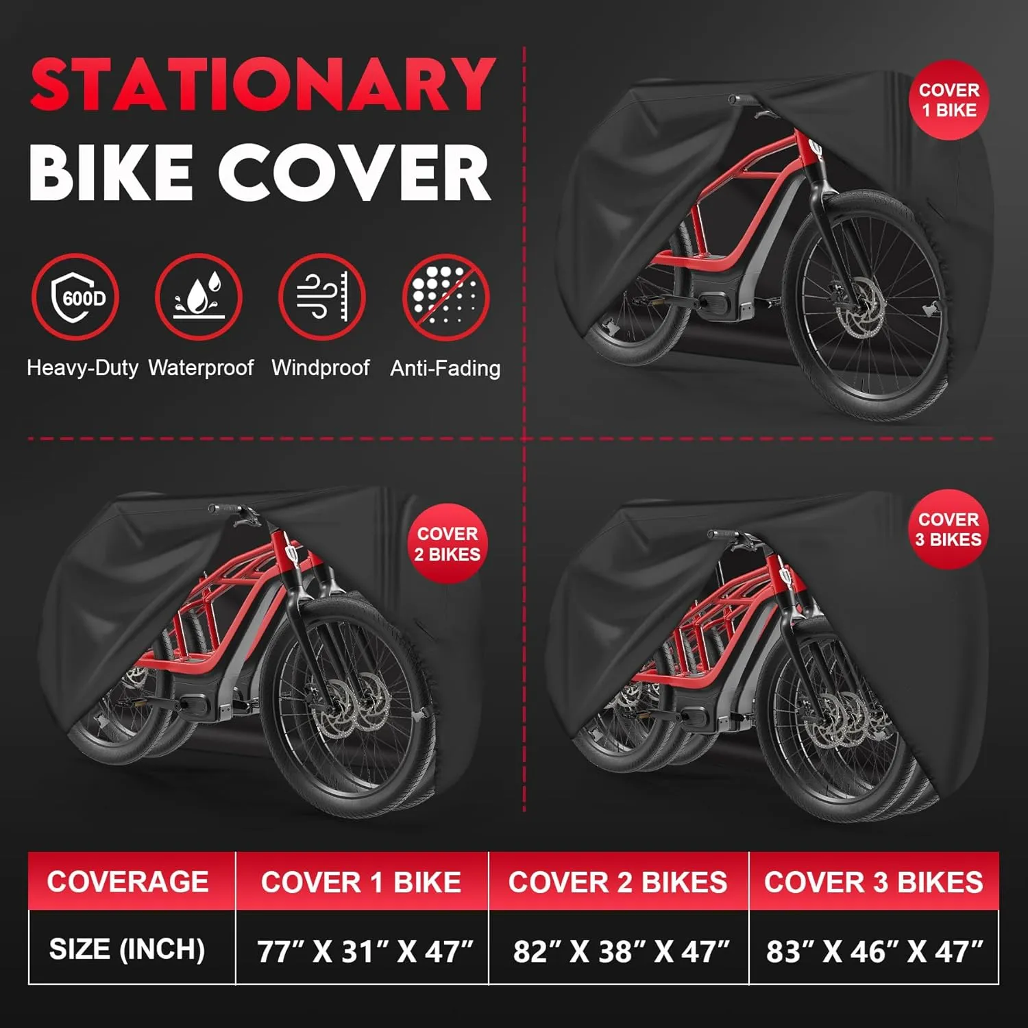 Bike Covers for 3 Bikes - 600D Waterproof & Heavy Duty, Large Bicycle Cover for eBike, Mountain, Road, Hybrid, Beach Cruiser, Scooter