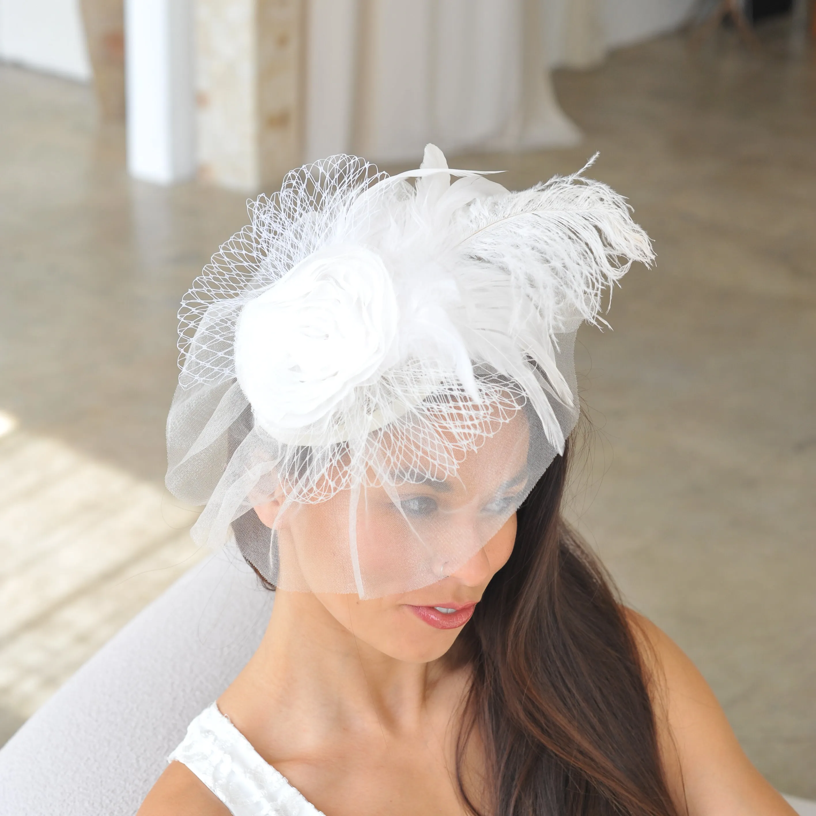 Blanca White Ostrich Feather Fascinator