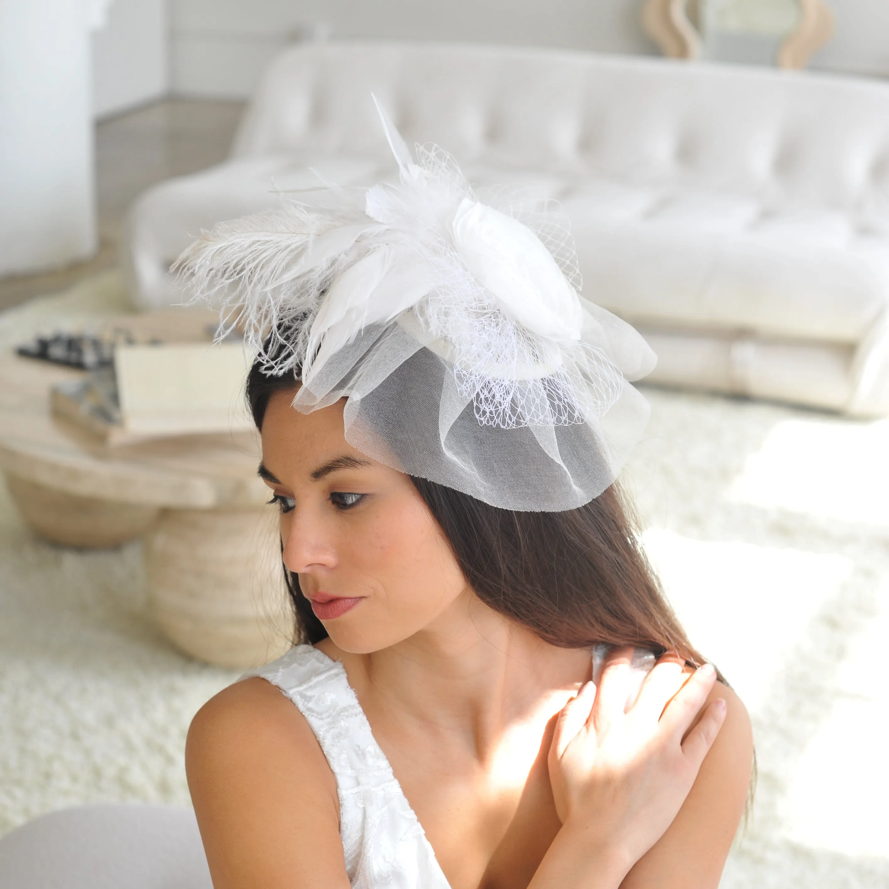 Blanca White Ostrich Feather Fascinator