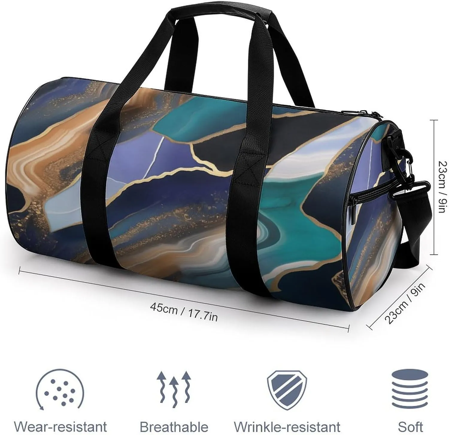 Blue Agate Pattern with Thin Golden Lines Travel Gym Bag for Women Men Cylindrical Duffle Bag Sport Workout Bag with Shoulder Strap