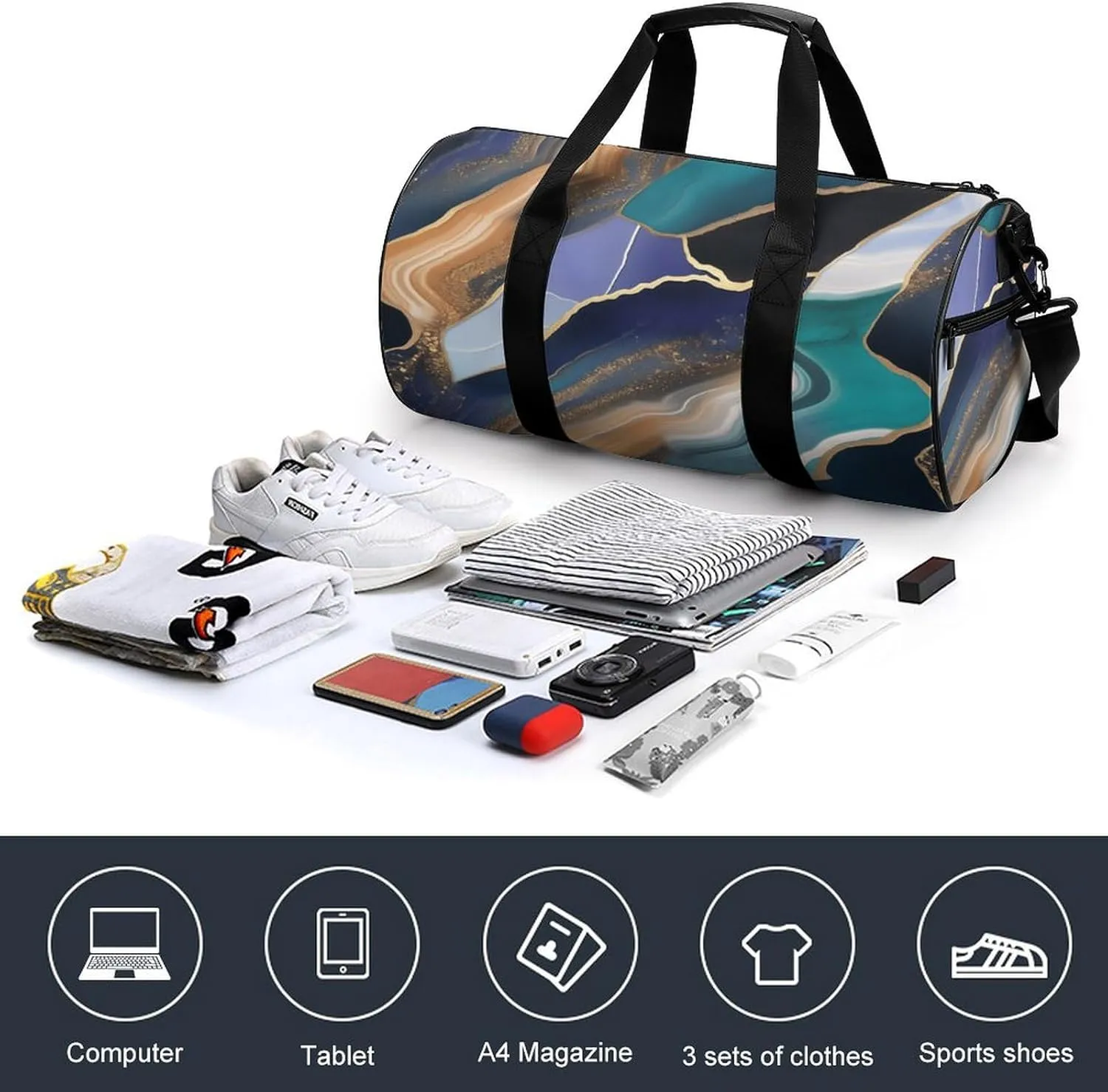 Blue Agate Pattern with Thin Golden Lines Travel Gym Bag for Women Men Cylindrical Duffle Bag Sport Workout Bag with Shoulder Strap