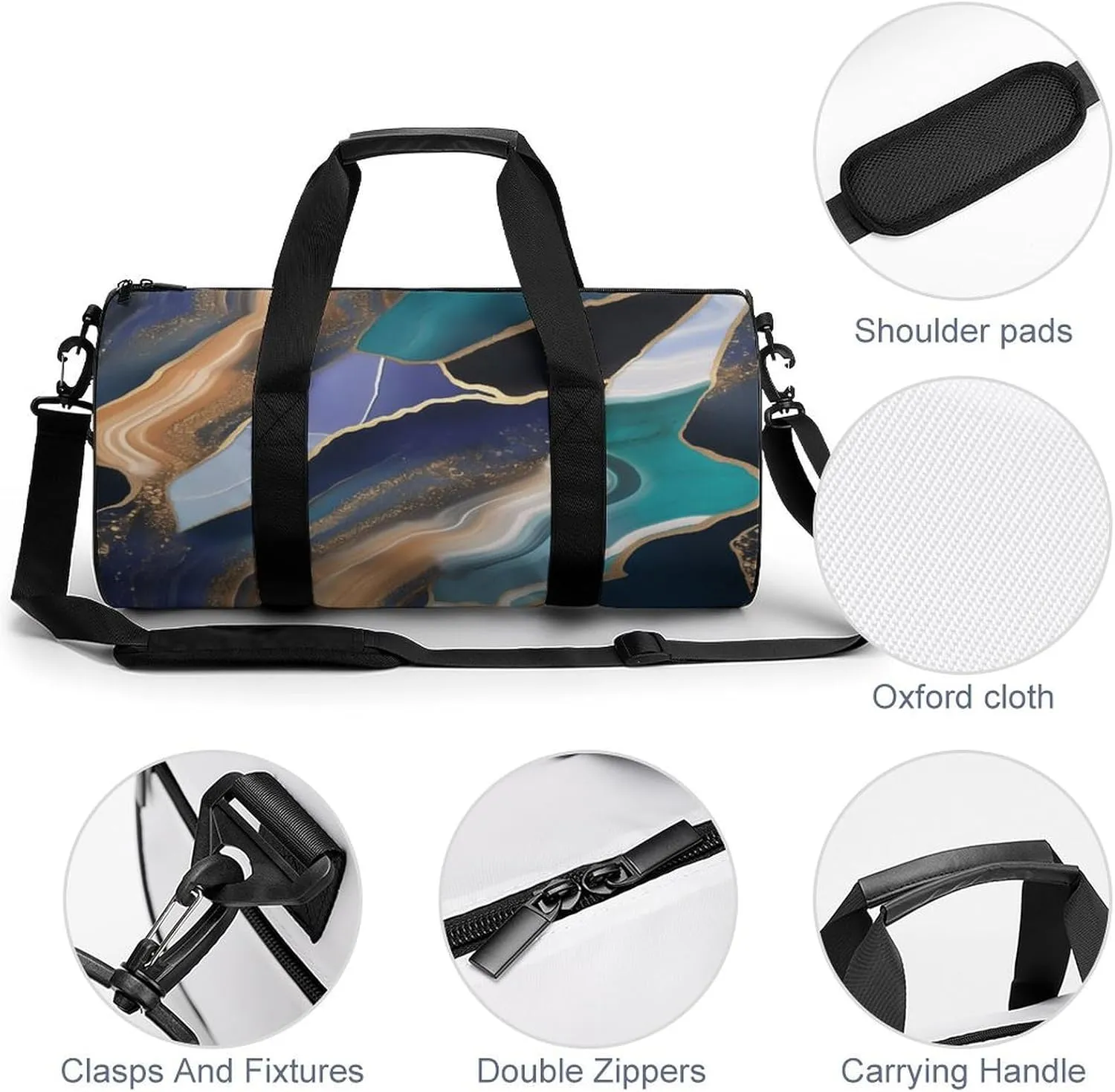 Blue Agate Pattern with Thin Golden Lines Travel Gym Bag for Women Men Cylindrical Duffle Bag Sport Workout Bag with Shoulder Strap