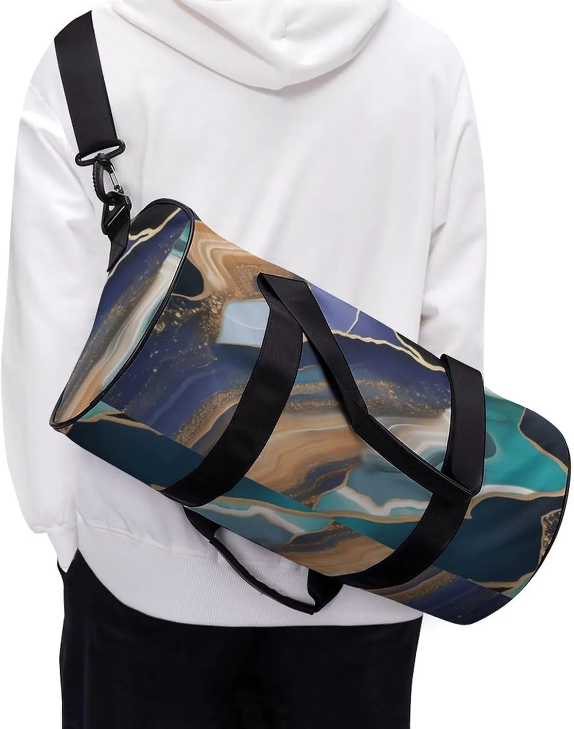 Blue Agate Pattern with Thin Golden Lines Travel Gym Bag for Women Men Cylindrical Duffle Bag Sport Workout Bag with Shoulder Strap