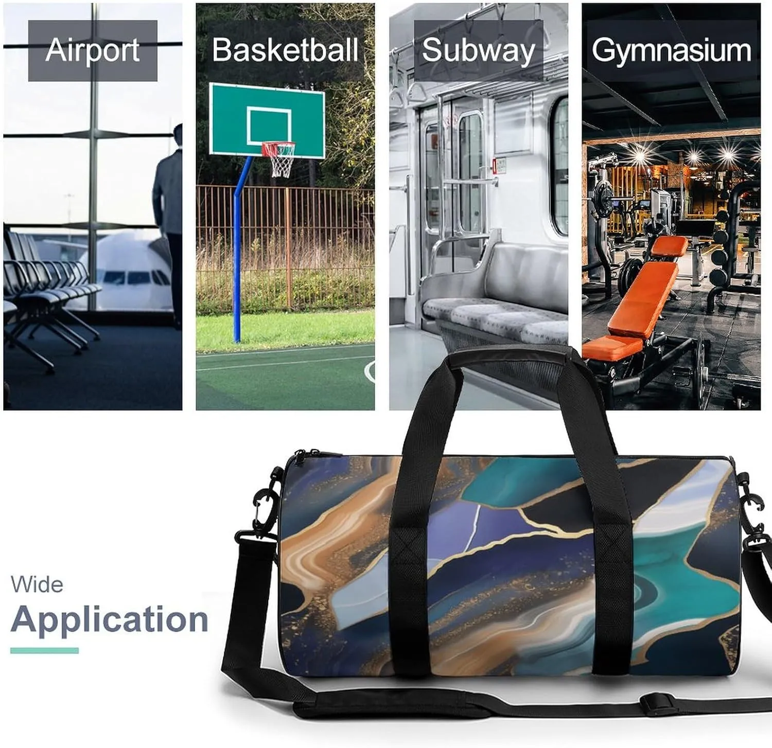 Blue Agate Pattern with Thin Golden Lines Travel Gym Bag for Women Men Cylindrical Duffle Bag Sport Workout Bag with Shoulder Strap