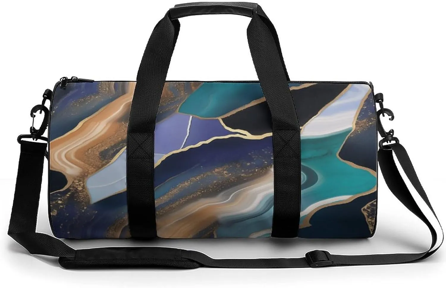 Blue Agate Pattern with Thin Golden Lines Travel Gym Bag for Women Men Cylindrical Duffle Bag Sport Workout Bag with Shoulder Strap