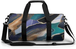 Blue Agate Pattern with Thin Golden Lines Travel Gym Bag for Women Men Cylindrical Duffle Bag Sport Workout Bag with Shoulder Strap