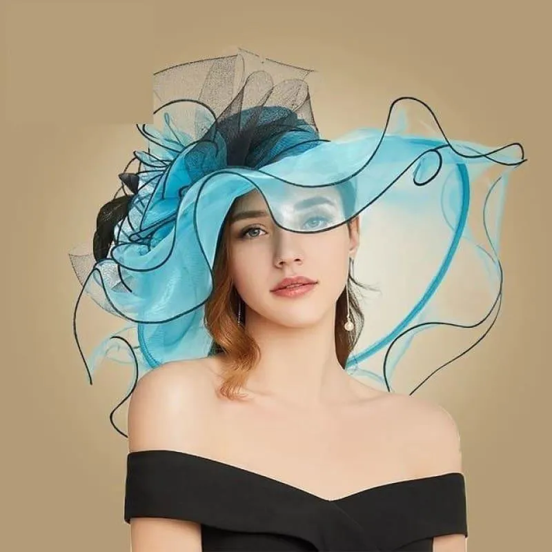 Blue Wide Brim Big Floral Organza Tea Party Hat Elegant Summer Kentucky Derby Hat