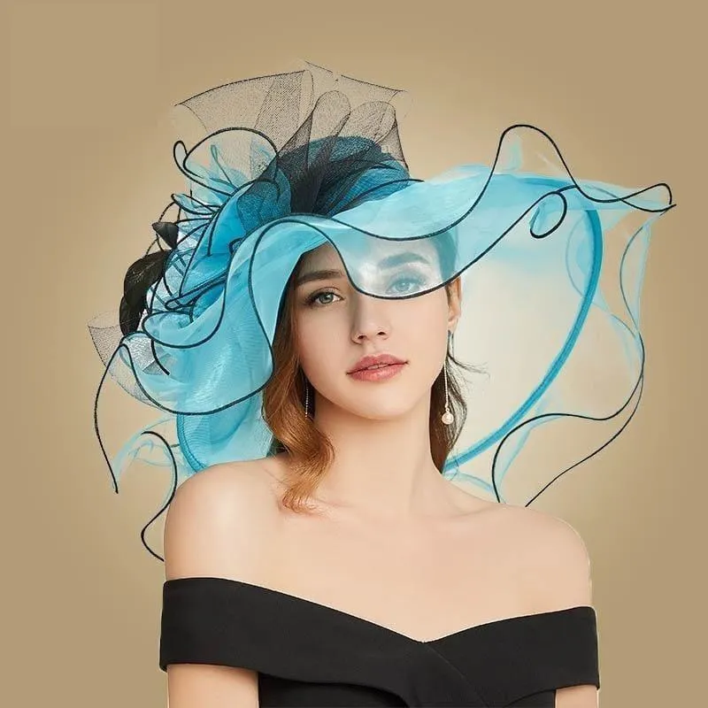 Blue Wide Brim Big Floral Organza Tea Party Hat Elegant Summer Kentucky Derby Hat