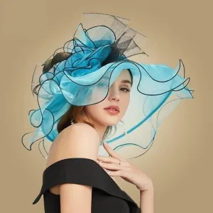Blue Wide Brim Big Floral Organza Tea Party Hat Elegant Summer Kentucky Derby Hat