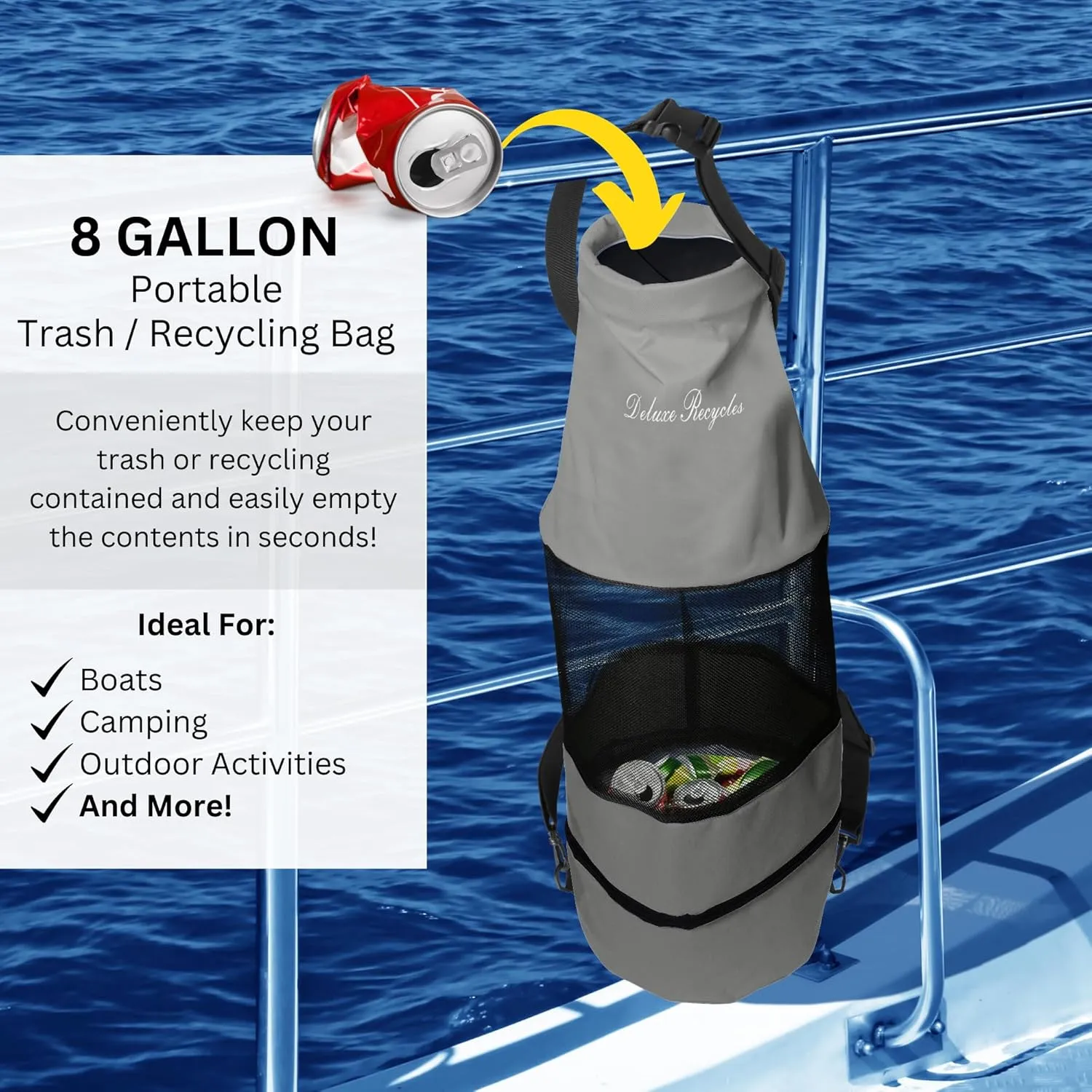 Boat Trash Can Bag - Durable 600D Mesh Oxford Fabric, Bottom Zipper, and Washable - Ideal for Boats, Kayaks, Campers, RVs, and More (Grey)