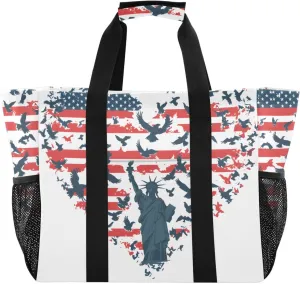 Bolaz Travel Tote Bag，Gym Bag for Men,Waterproof Beach Bag for Women Foldable Reusable-Statue Of Liberty American Flag Love Heart