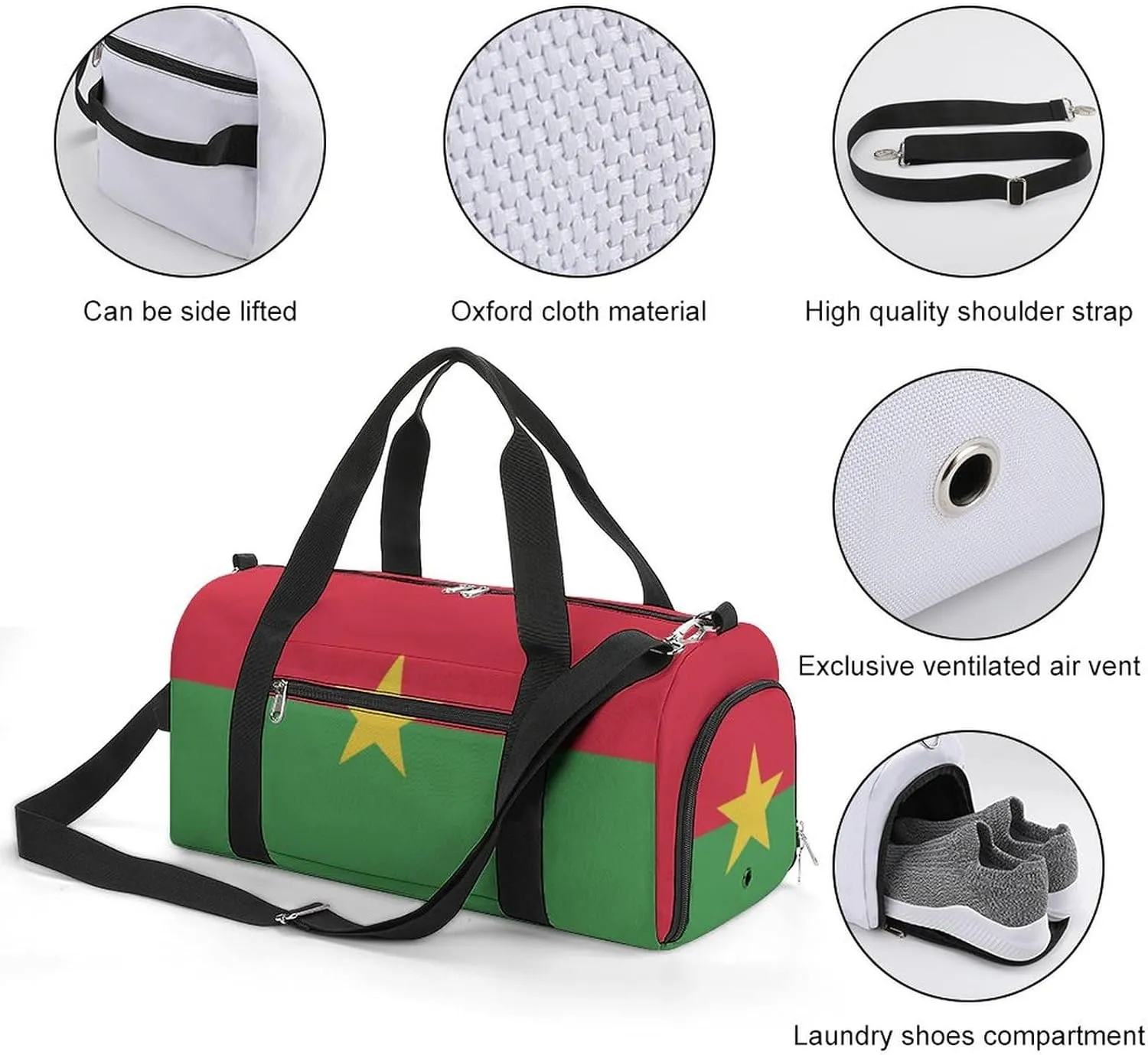 Burkina Faso Flag Gym Bag for Boys Girls with Shoe Compartment Travel Overnight