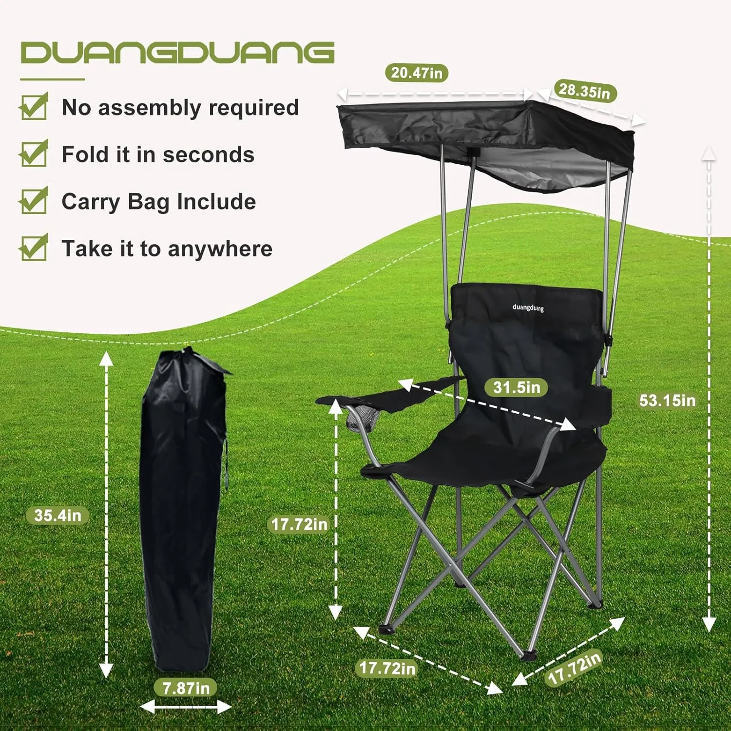 Camping Chair 2 Pack Portable Camping Chair with Canopy,Folding Chair with Canopy, Durable 600D Oxford Canopy Chair for Camping, Beach, Picnics, Fishing & Sports,Black