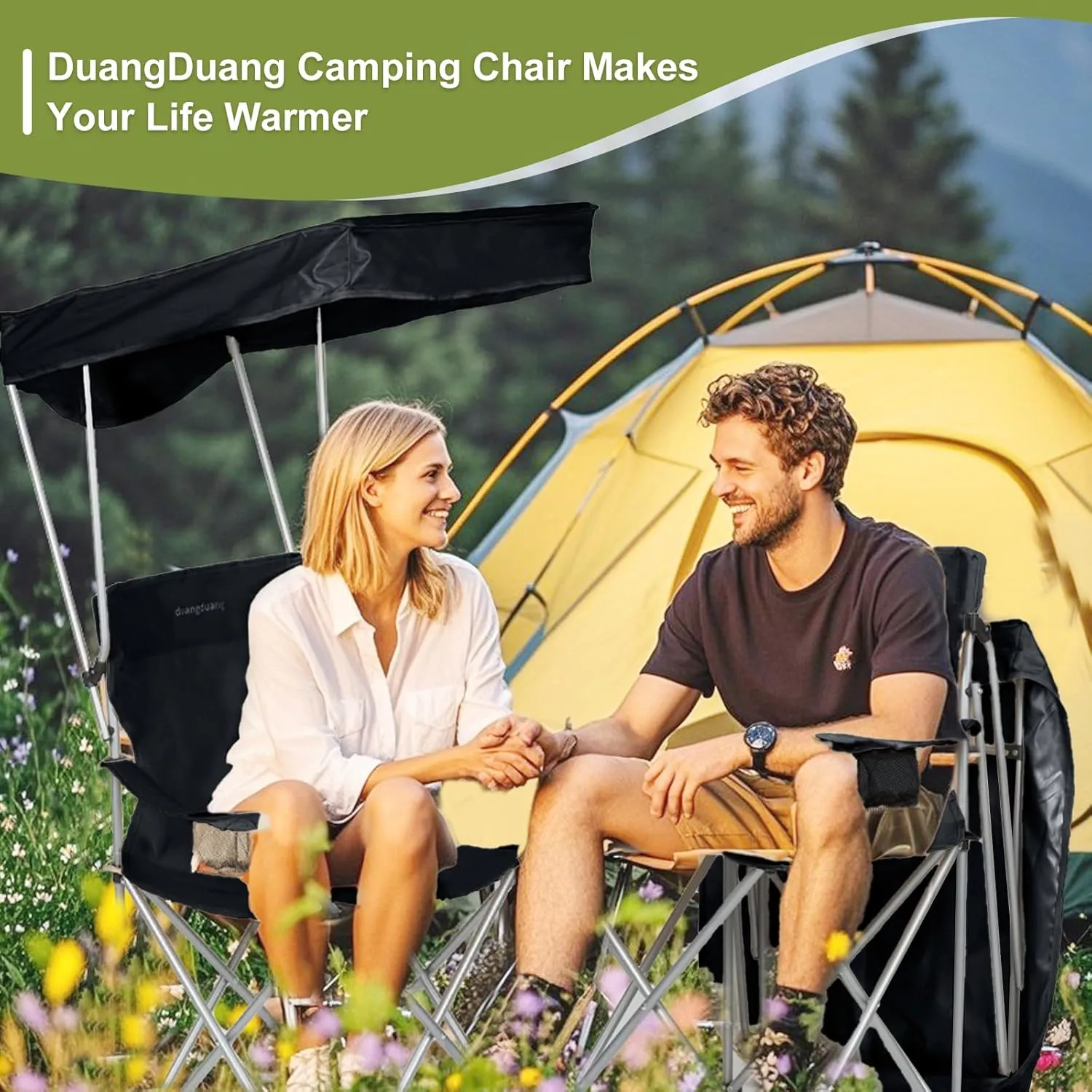Camping Chair 2 Pack Portable Camping Chair with Canopy,Folding Chair with Canopy, Durable 600D Oxford Canopy Chair for Camping, Beach, Picnics, Fishing & Sports,Black