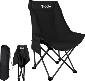 Camping Chair, Folding Lawn Chair with Side Pockets for Women Child, Portable Heavy Duty Camping Chair with Carry Bag for Beach, Outside, Travel, Picnics - Support 300LBS (Black)