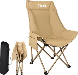 Camping Chair, Folding Lawn Chair with Side Pockets for Women Child, Portable Heavy Duty Camping Chair with Carry Bag for Beach, Outside, Travel, Picnics - Support 300LBS (Khaki)