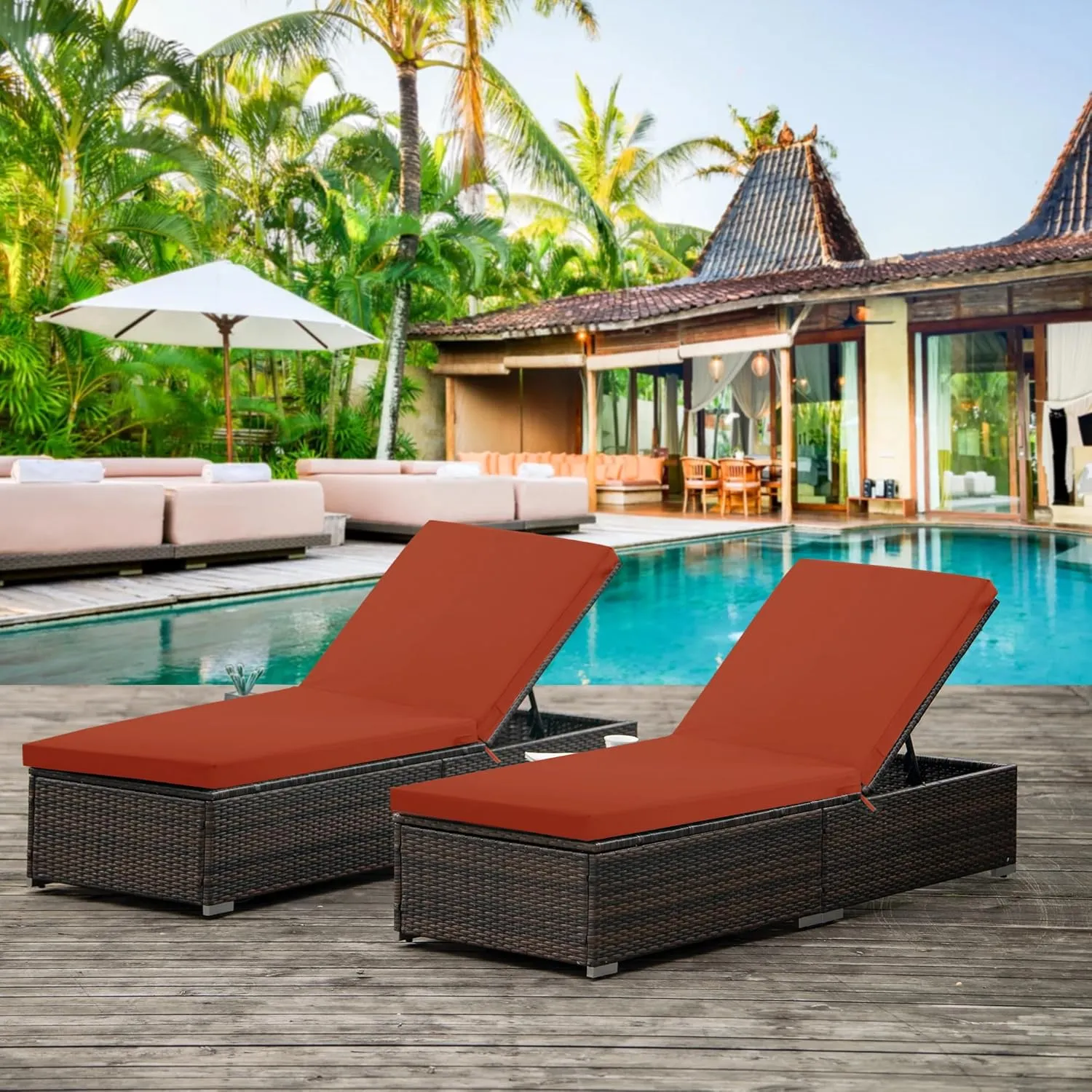 Chaise Lounge Cushions Outdoor Set of 2 - Waterproof and Fade Resistant Sun Lounger Replacement Cushions - Patio Lounger Pads with Removable Cover for Pool, Deck, 72 x 21 x 3 Inch, Rust
