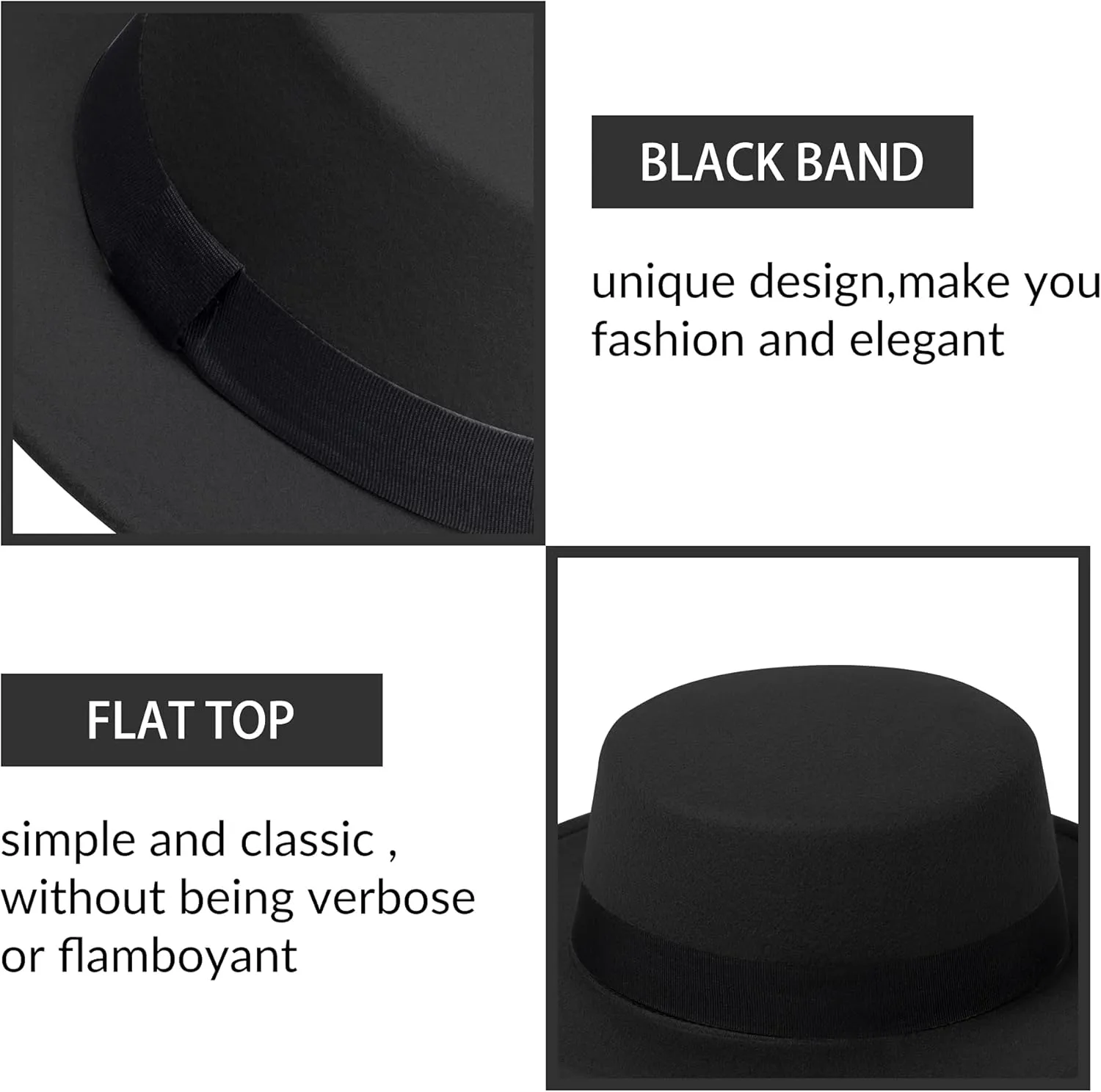 Classic Fedora Hat Flat Top Hat Felt Pork Pie Hat Wide Brim Church Derby Cap for Women and Men