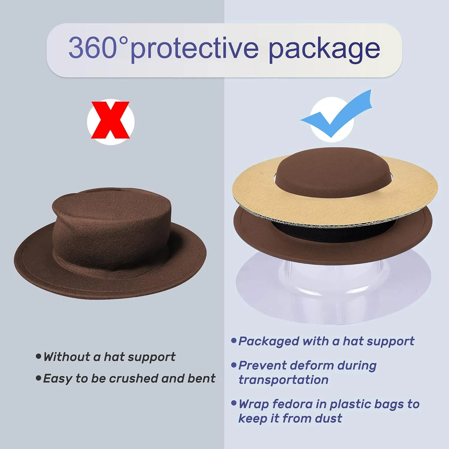 Classic Fedora Hat Flat Top Hat Felt Pork Pie Hat Wide Brim Church Derby Cap for Women and Men