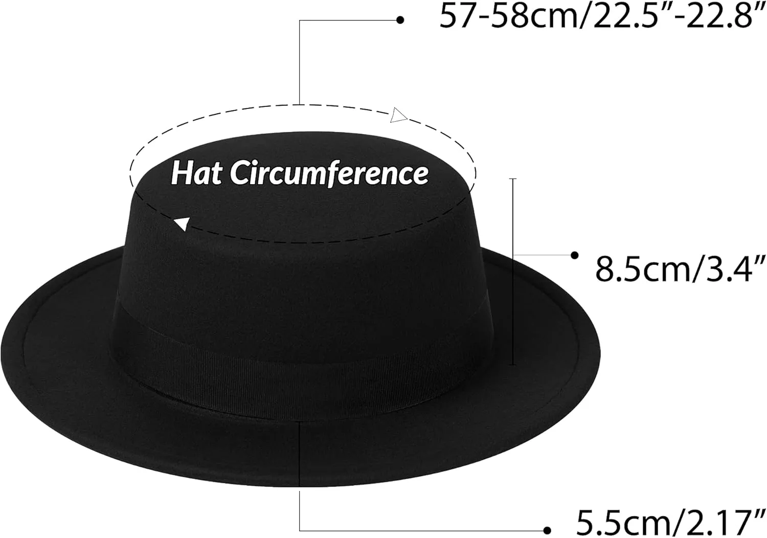 Classic Fedora Hat Flat Top Hat Felt Pork Pie Hat Wide Brim Church Derby Cap for Women and Men