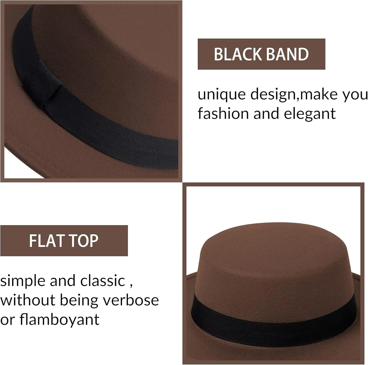 Classic Fedora Hat Flat Top Hat Felt Pork Pie Hat Wide Brim Church Derby Cap for Women and Men